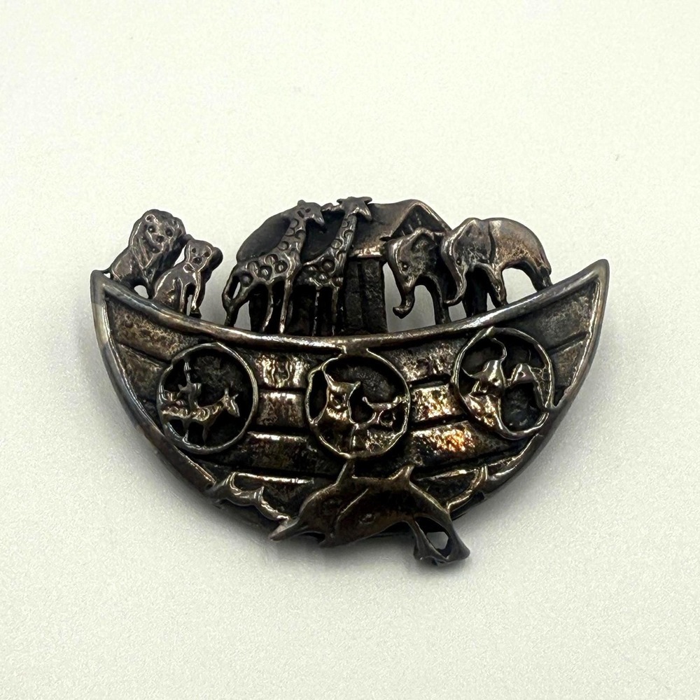 Sterling Silver Noah's Ark Brooch 925 Animal Pin Vintage Religious Jewelry